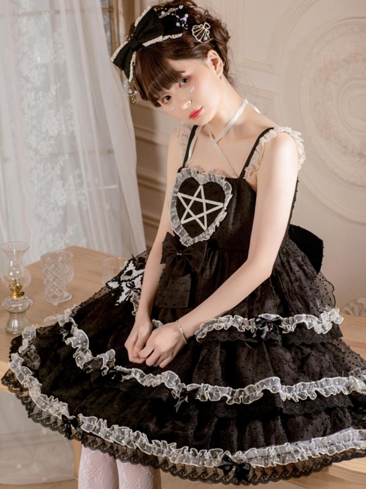Dumeisha's Star Wish Black Square Neckline Tiered Skirt Sweet Jumper Skirt