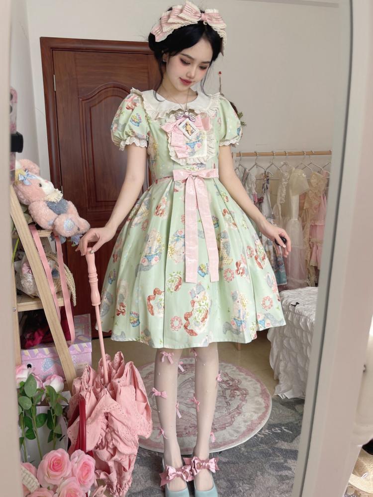 Green Sweet Peter Pan Collar Kitty Print One Piece