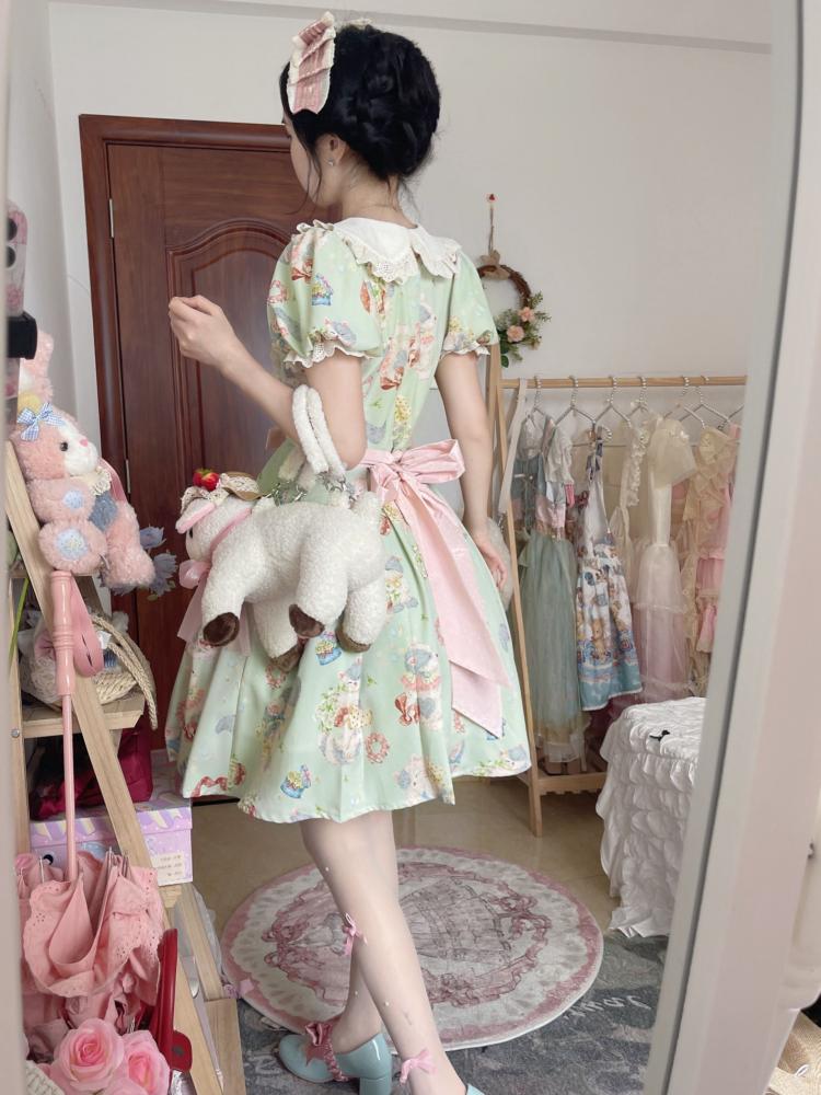 Green Sweet Peter Pan Collar Kitty Print One Piece