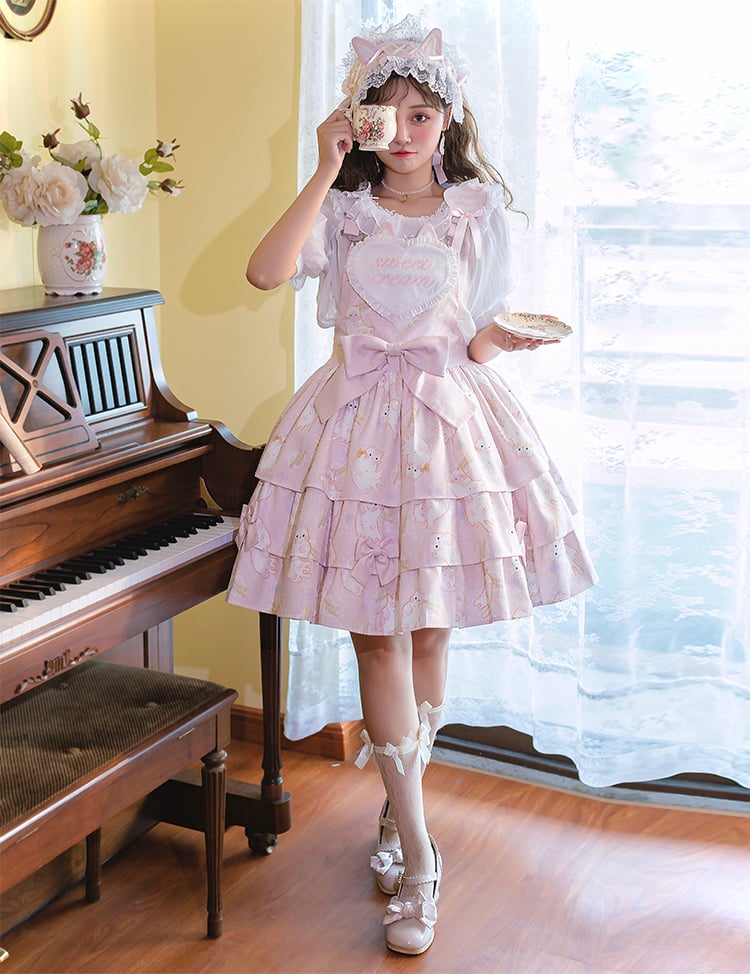 Creamy Meow Heart-shaped Front Tiered Skirt Sweet Jumper Skirt Full Set