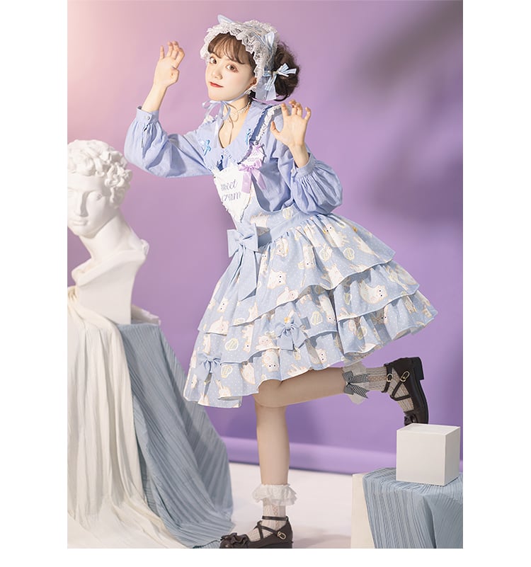 Creamy Meow Heart-shaped Front Tiered Skirt Sweet Jumper Skirt Full Set