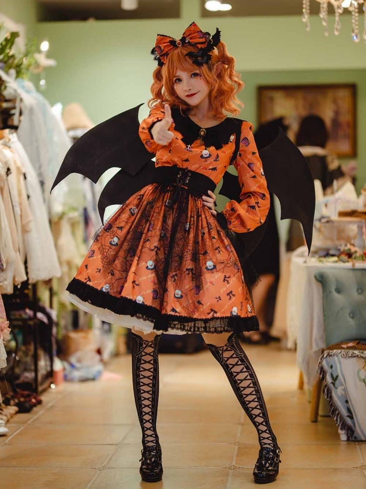 Clearance-Size 2XL for Bust 100CM Orange Halloween Clown Night Bat Wings-shaped Collar Gothic One Piece