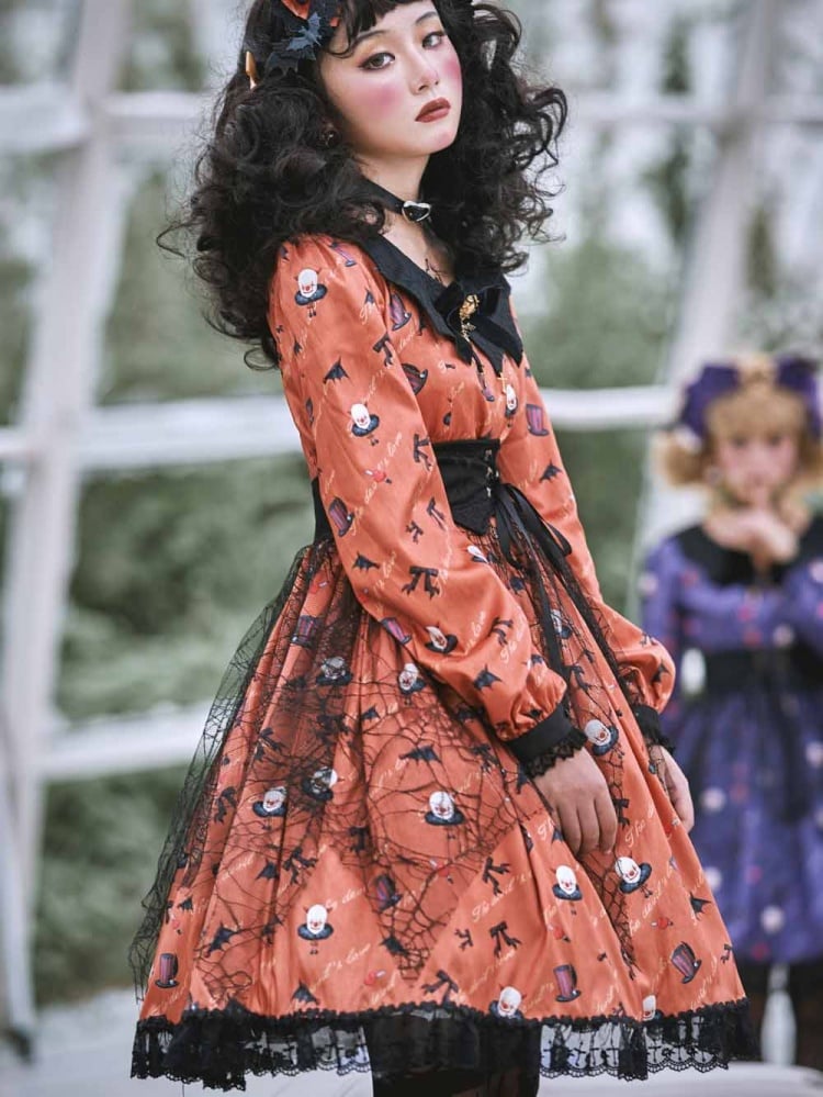 Clearance-Size 2XL for Bust 100CM Orange Halloween Clown Night Bat Wings-shaped Collar Gothic One Piece