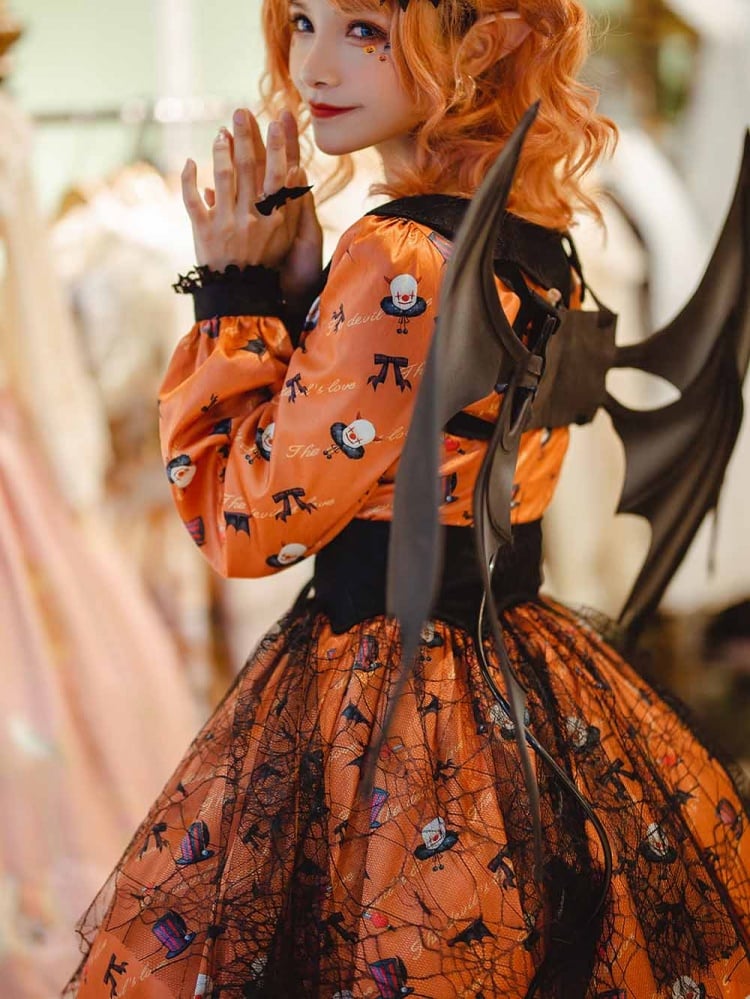 Clearance-Size 2XL for Bust 100CM Orange Halloween Clown Night Bat Wings-shaped Collar Gothic One Piece