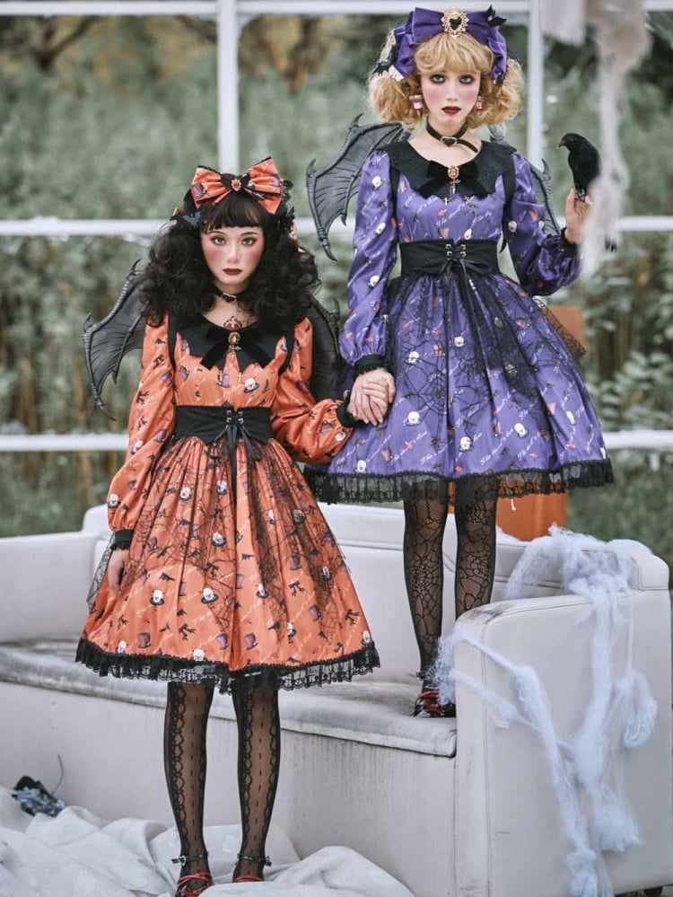 Clearance-Size 2XL for Bust 100CM Orange Halloween Clown Night Bat Wings-shaped Collar Gothic One Piece