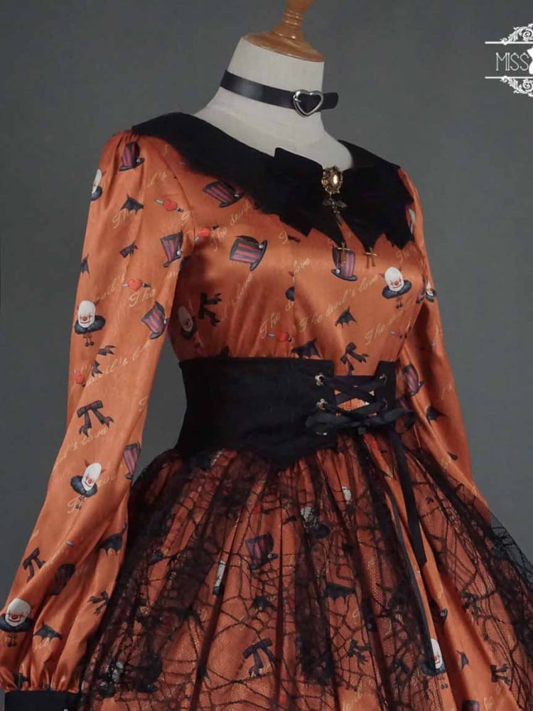 Clearance-Size 2XL for Bust 100CM Orange Halloween Clown Night Bat Wings-shaped Collar Gothic One Piece