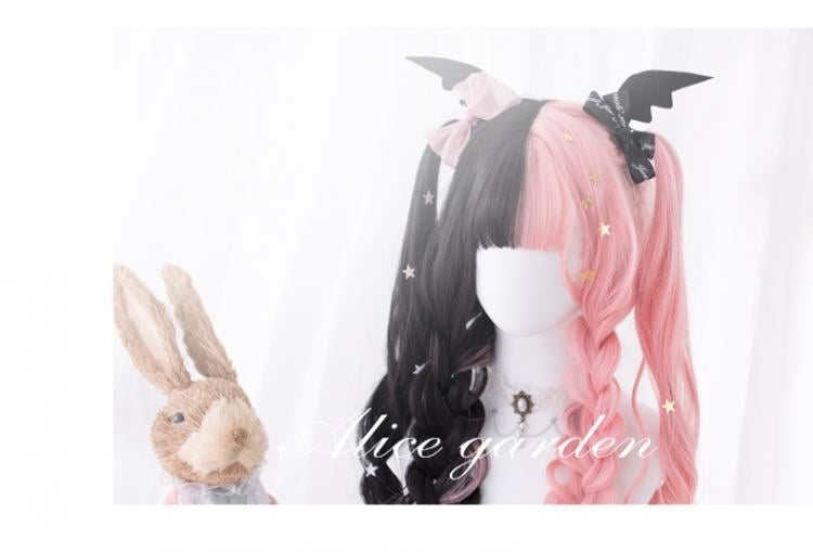 Strawberry Muffins Half Black and Half Pink Long Wavy Synthetic Wig With Bangs