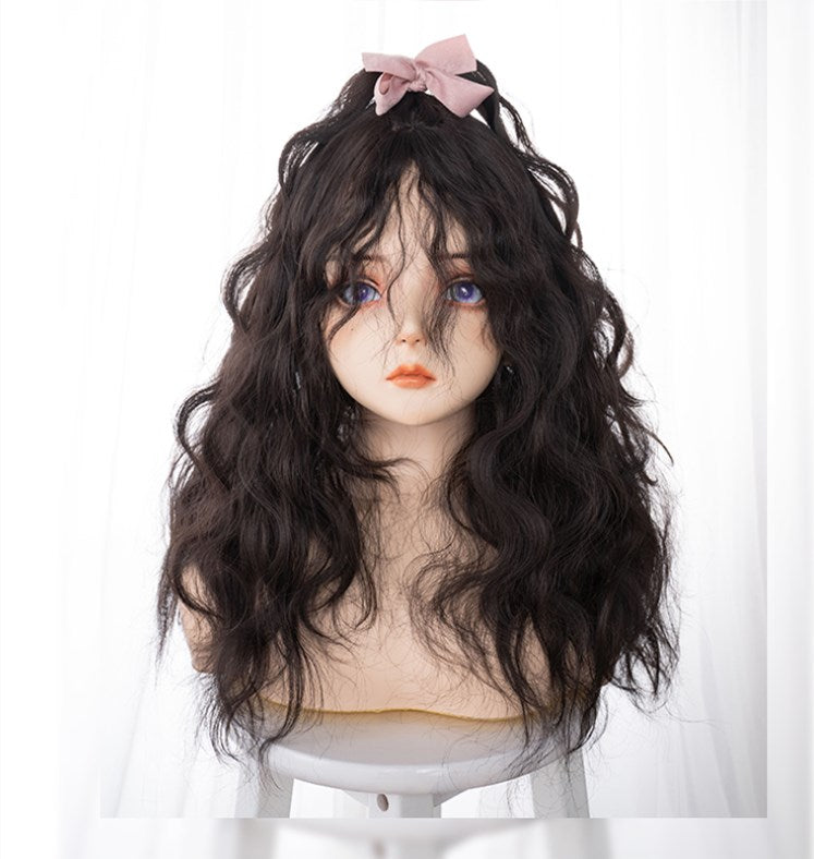 Black-brown Long Wool Curly Synthetic Wig with Bangs