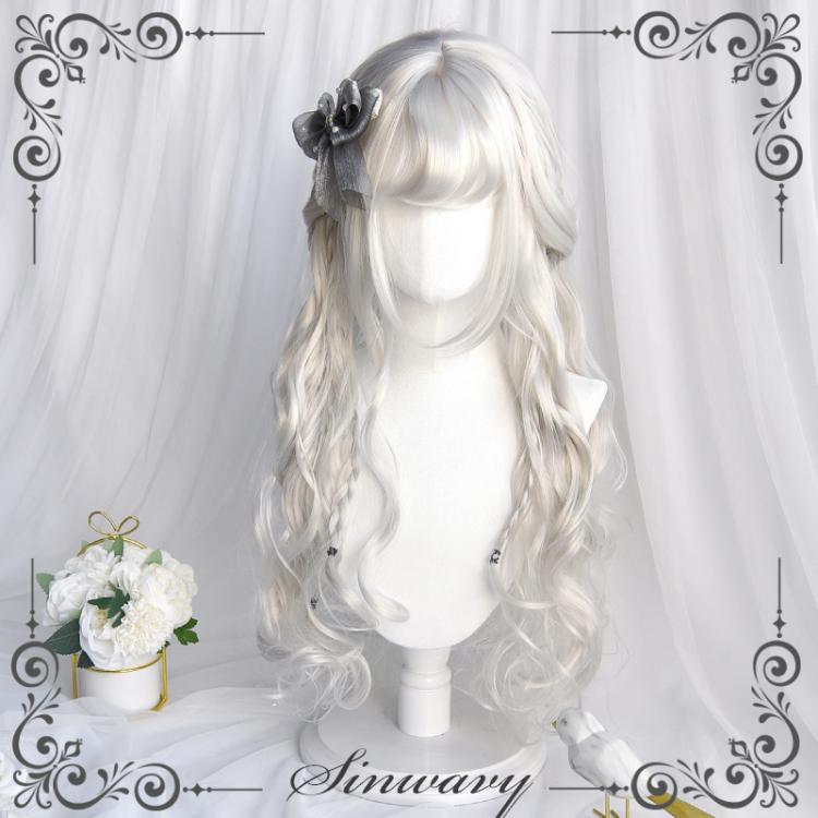 Silver Age Long Curly Synthetic Wig with Air Bangs