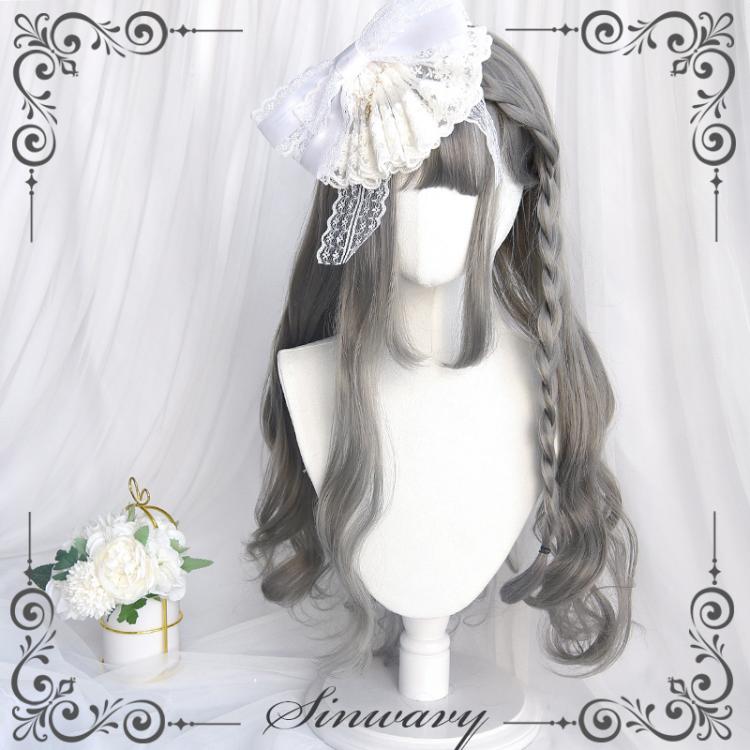 Silver Age Long Curly Synthetic Wig with Air Bangs