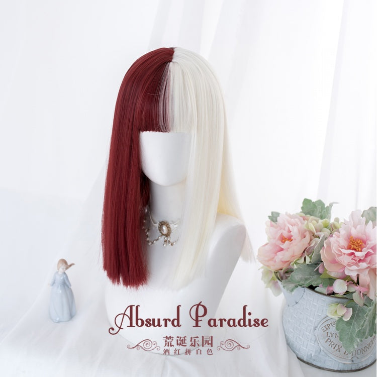 Absurd Paradise Half Red and Half White Long Synthetic Wig With Bangs