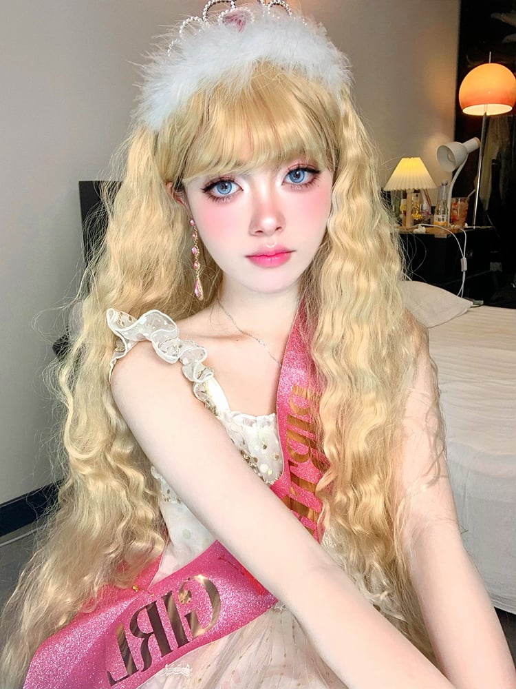 Blonde 120CM Long Wavy Synthetic Wig with Air Bangs