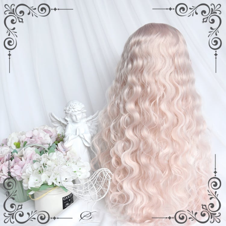 Light Pink Curly Long Synthetic Wig with Curly Bangs