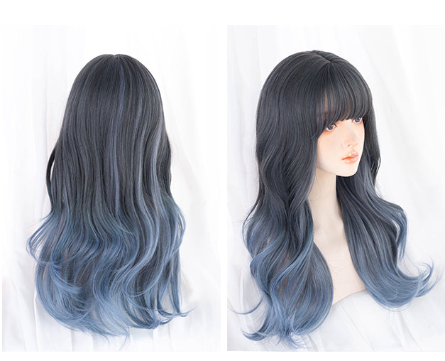 Dark Gray to Blue Ombre Wavy Synthetic Wig