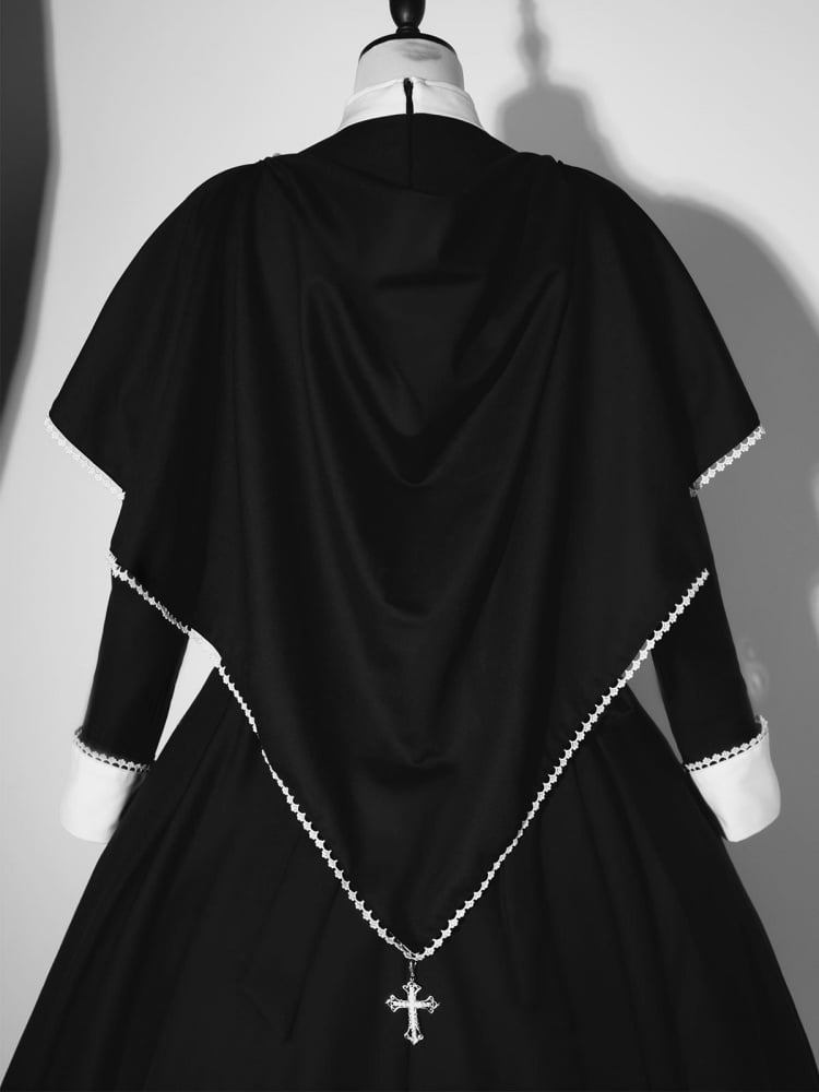 Black and White Cross Embroidery Gothic Nun Lolita Dress + Cape