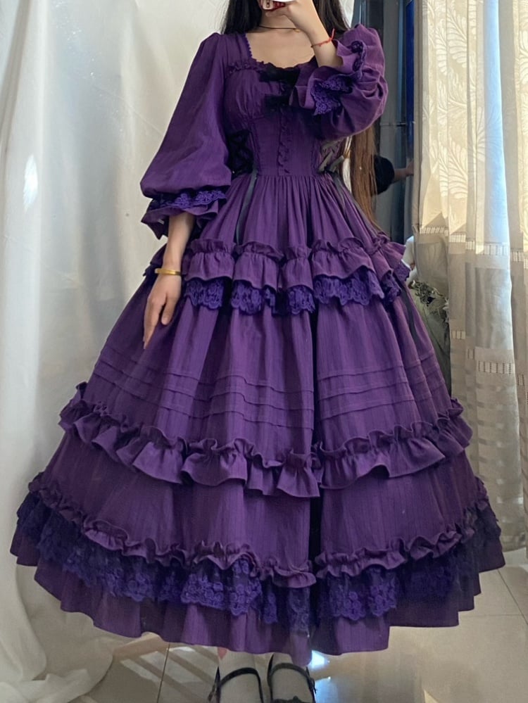 Clearance-Size S for Bust 84CM Purple Cotton Ruffle Dress One Piece with Separate Corset Belt - Sukuroi