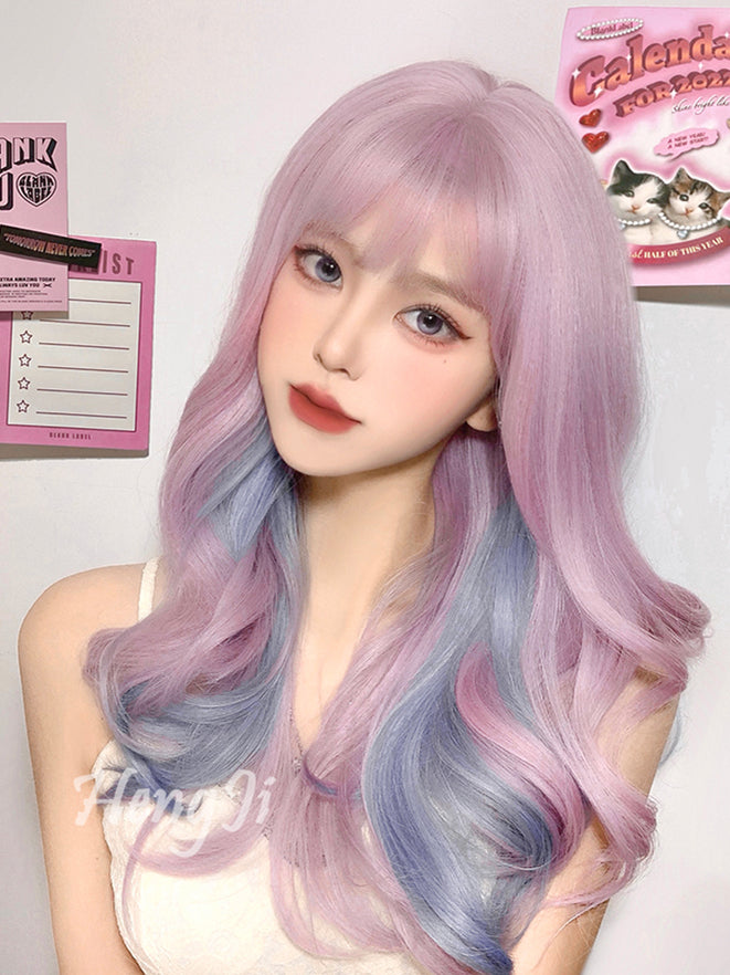 Highlight Blue Wavy Pink Synthetic Wig