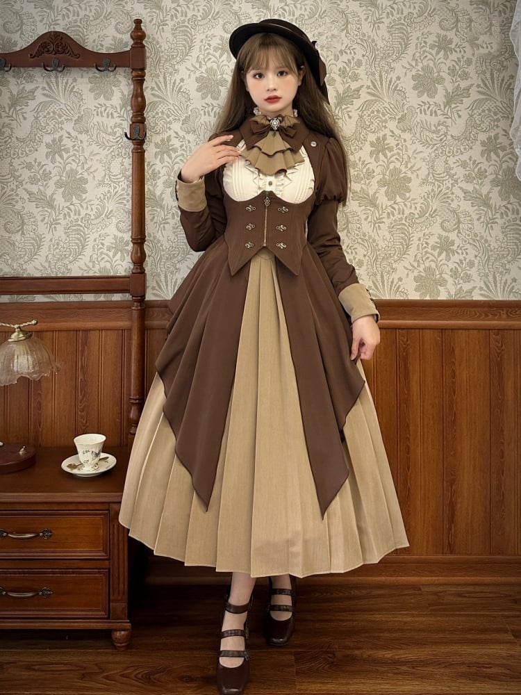 Dark Academia Brown Autumn Dress Pleated Skirt Corset Waist Beige Long Sleeves Bodice