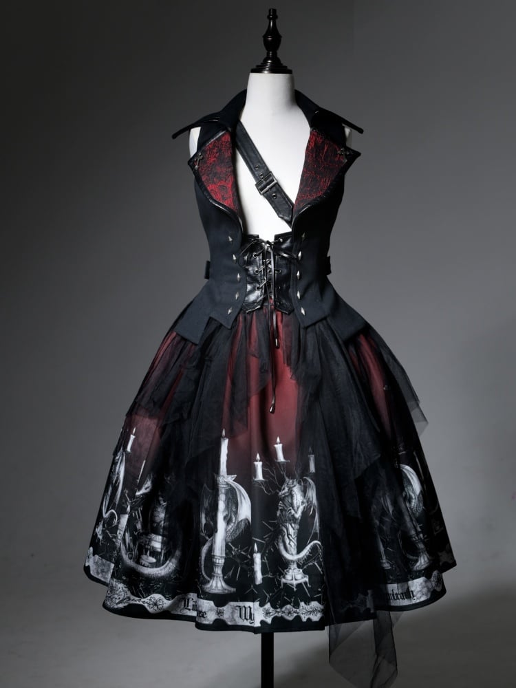 Dragon's Breath Black and Red Dragon and Candle Print Gothic Skirt with Straps - Sukuroi