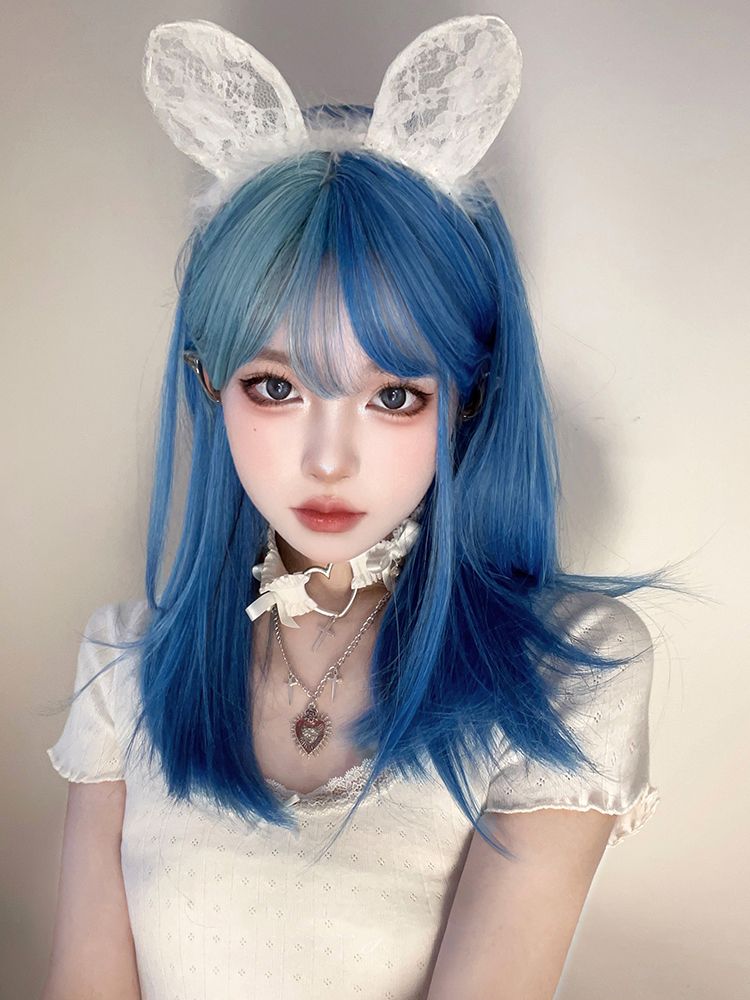 Split Color Bangs Cyan Highlights Sky Blue Straight Synthetic Wig