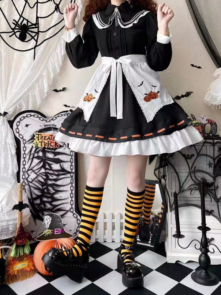 Halloween Sweet Witch Dress Full Set-Black One Piece+Pumpkin Embroidery Cape+White Apron+Bow Train