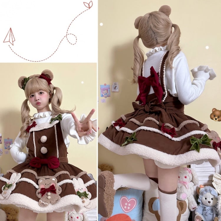 Christmas Teddy and Bunny Brown Overalls Sweet Winter Dress