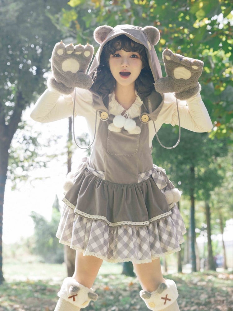 Gray Winter Bear Theme Overalls with Detachable Hood and Bowknot