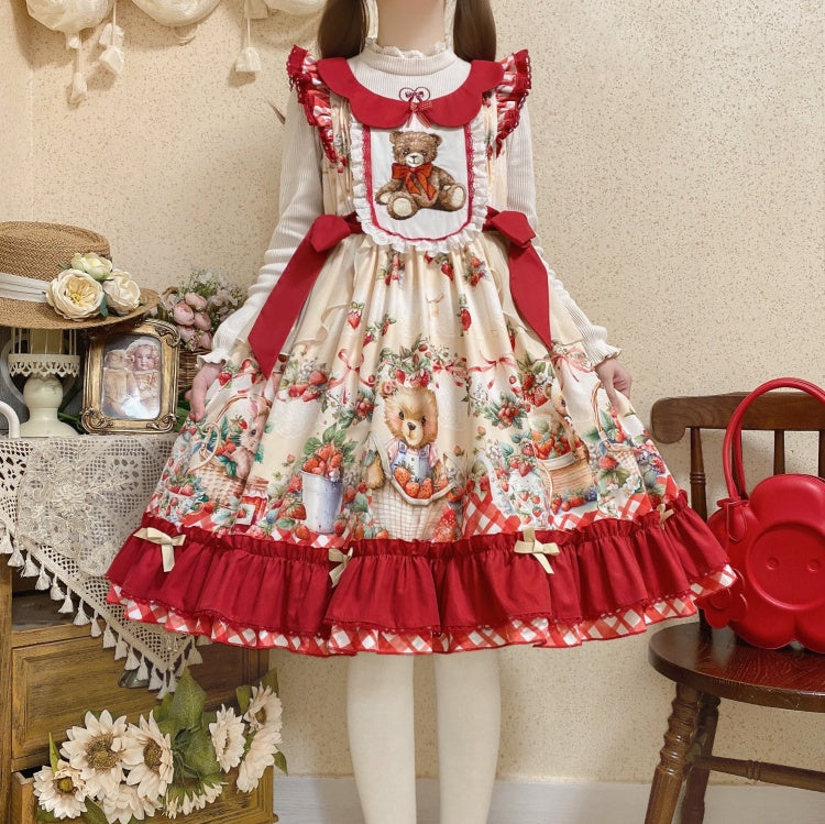 Bear Embroidery and Strawberry Print Red Sweet Jumper Skirt