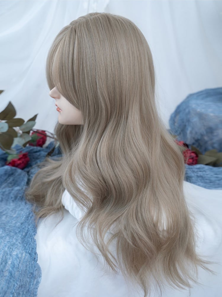 Curtain Bangs Long Wavy Milk Tea Linen Color Synthetic Wig