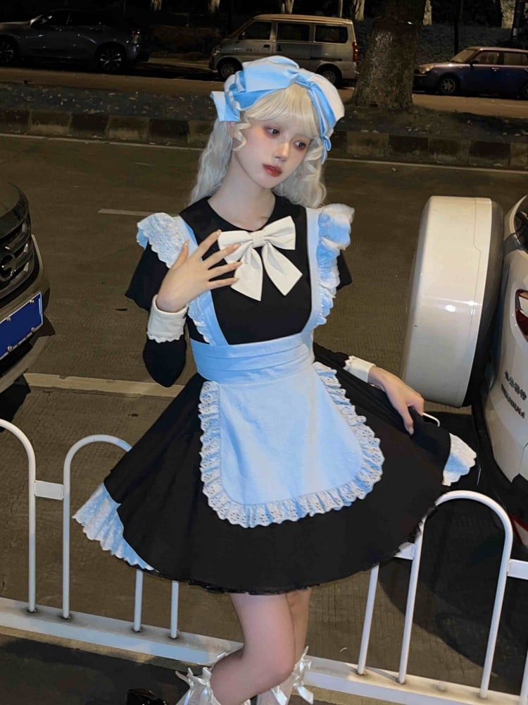 Black and Blue Maid Dress Apron Design One Piece