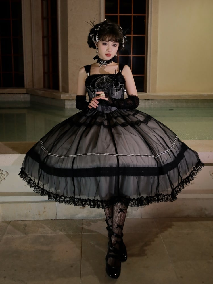 Black and Gray Church Window Embroidery Bodice Jumper Skirt - Sukuroi