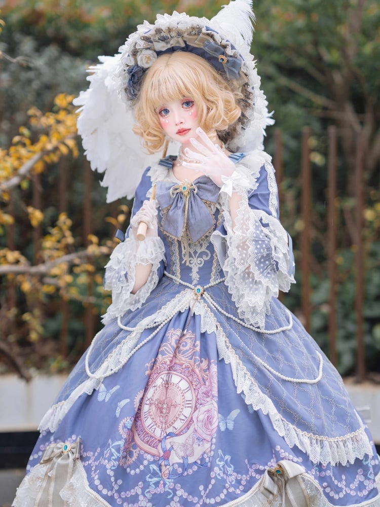 Blue Clock and Butterfly Print Gorgeous Hime Layered Ruffle Hemline One Piece - Sukuroi