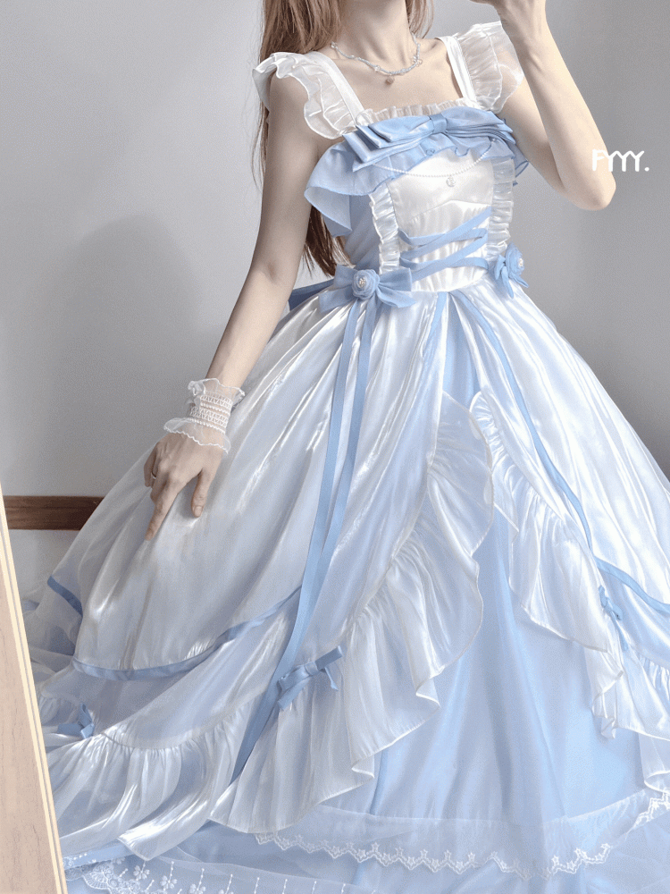 White and Blue Elegant Princess Dress Flutter Sleeves Gorgeous Jumper Skirt