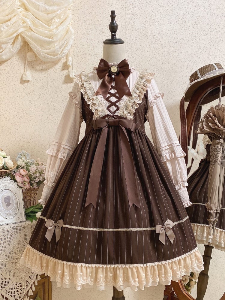 Brown Striped Pattern One Piece Ruffle Neckline Long Sleeves Dress