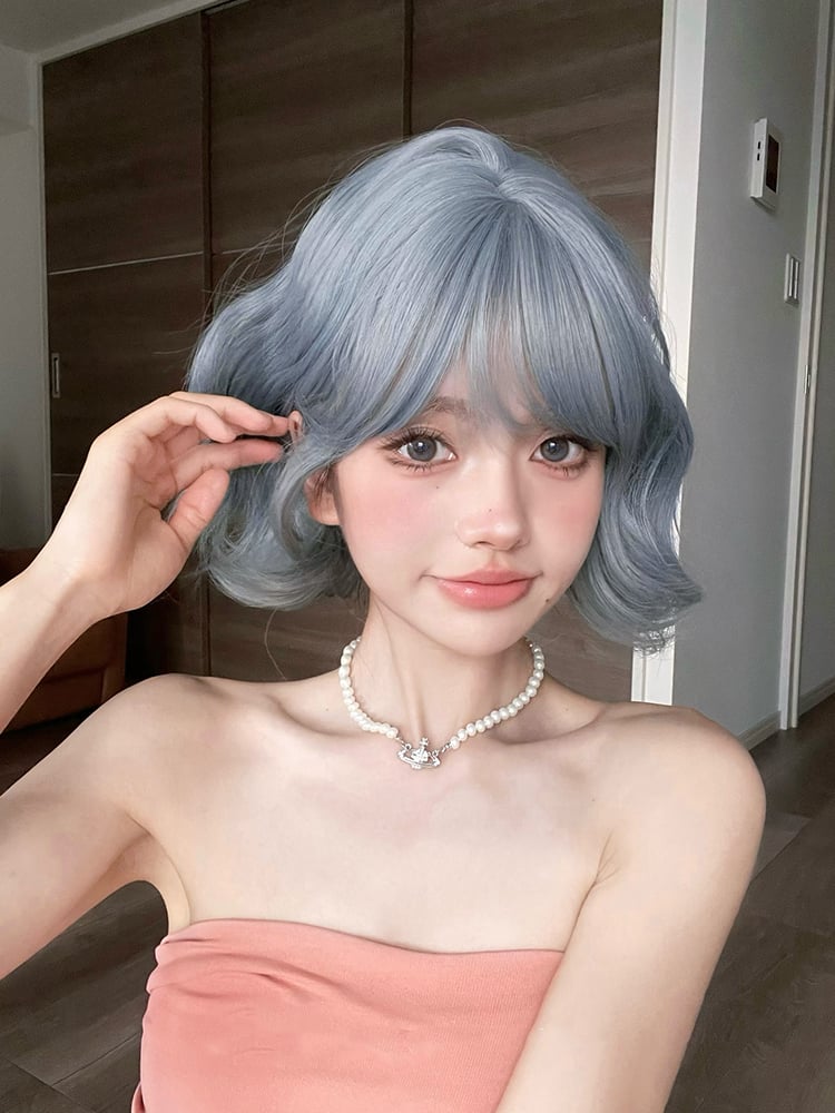 Dusty Blue Short Wavy Synthetic Wig