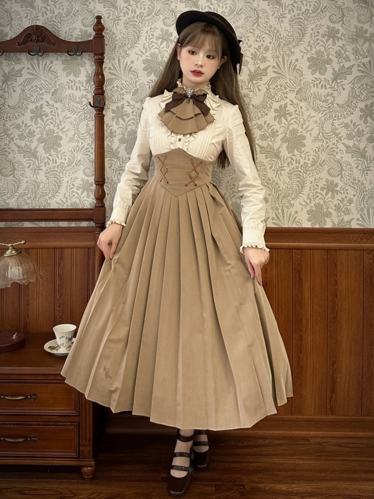 Dark Academia Brown Autumn Dress Pleated Skirt Corset Waist Beige Long Sleeves Bodice