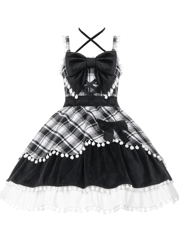 Black and White Plaid Pattern Small Pompoms Trimmed Jumper Skirt