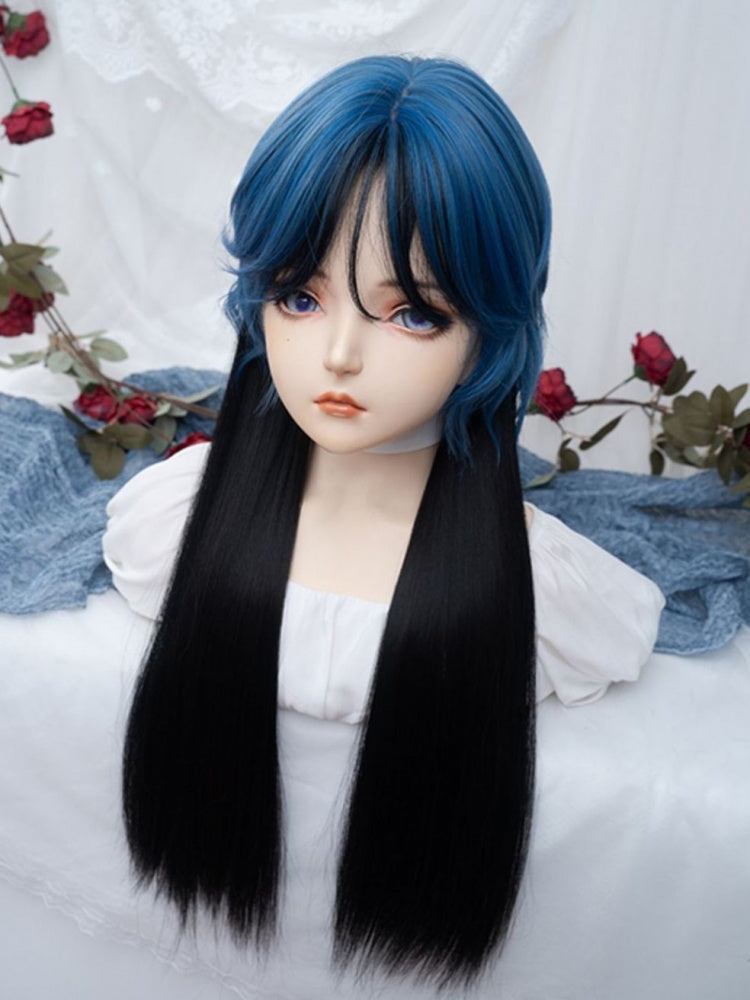 Dark Blue Highlights Black Long Straight Synthetic Wig