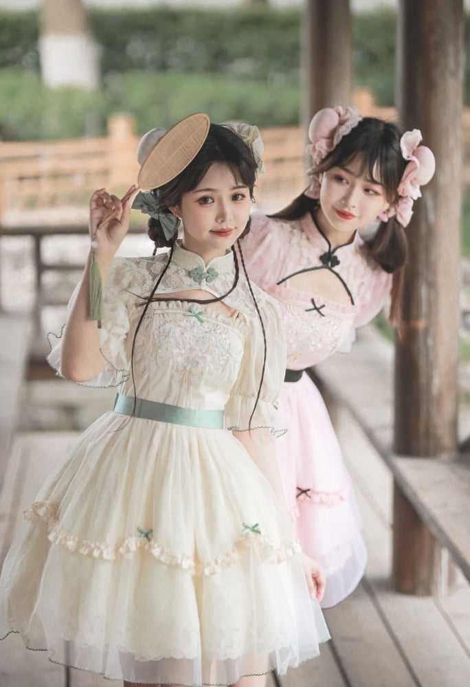 Chang'an Ballad Han Lolita Floral Embroidery Short Sleeves One Piece