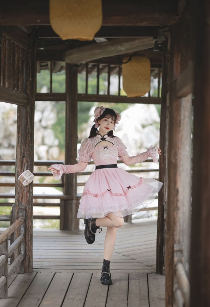 Chang'an Ballad Han Lolita Floral Embroidery Short Sleeves One Piece