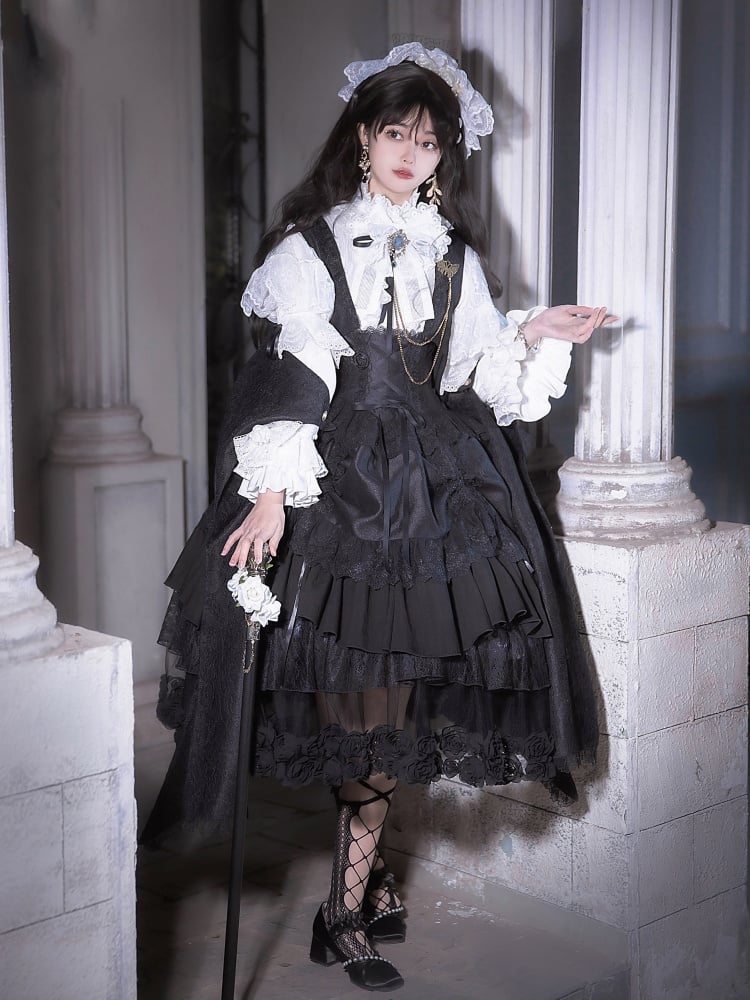 Black and White Drawstring Ruffle Hem One Piece + Corset Belt + Waistcoat