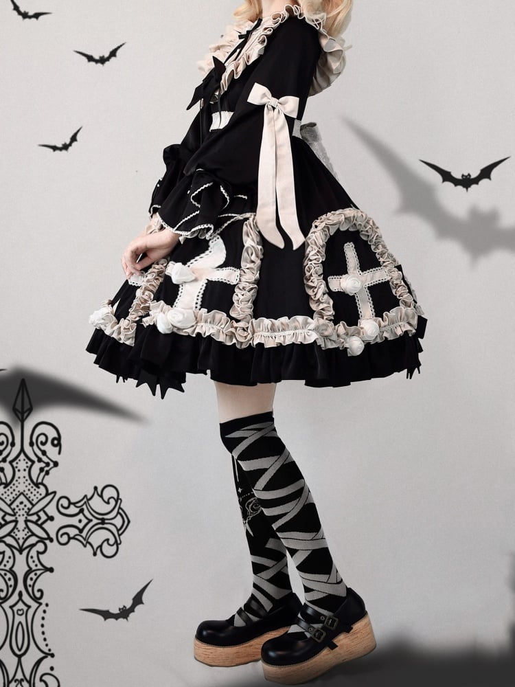 Black and White Gothic Cross Pattern Hem One Piece Full Set