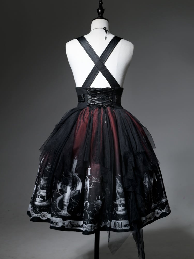 Dragon's Breath Black and Red Dragon and Candle Print Gothic Skirt with Straps - Sukuroi