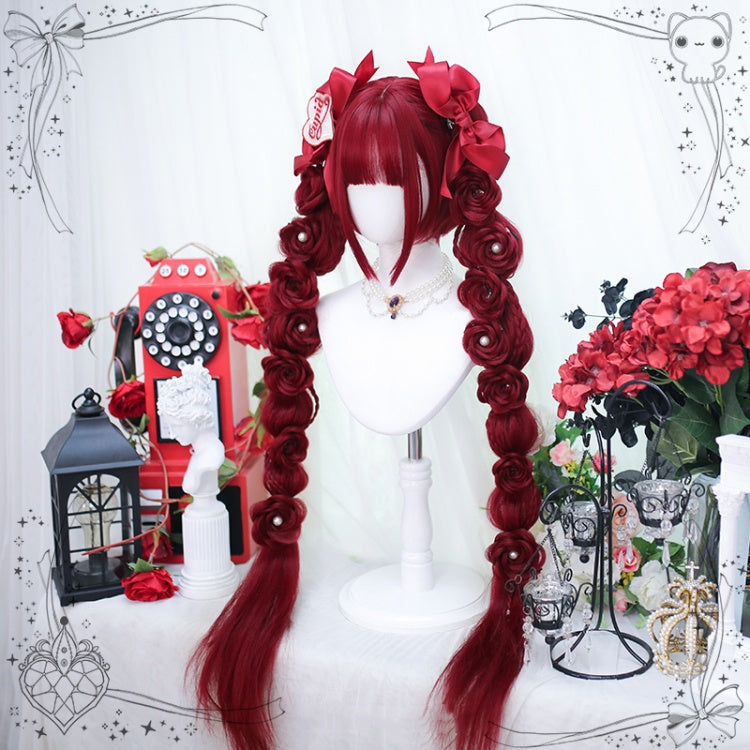 Carmine Red Short Wig + Hand Braided Roses Double Ponytails