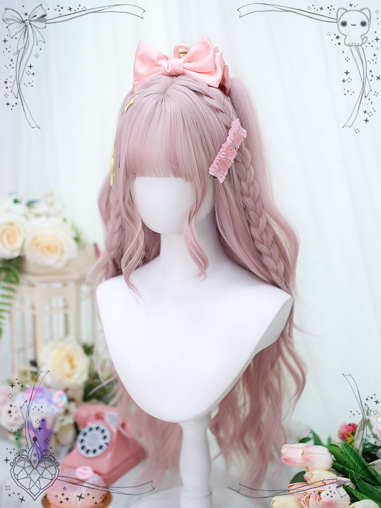 Peach Pink Air Bangs Long Wavy Synthetic Wig