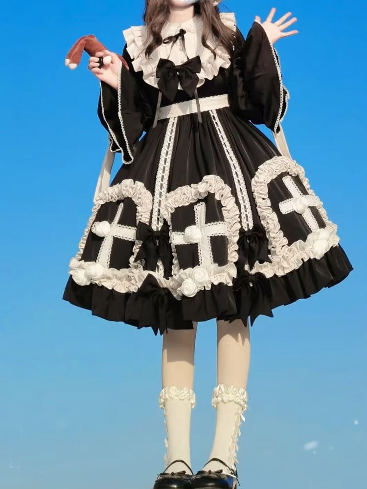 Black and White Gothic Cross Pattern Hem One Piece Full Set