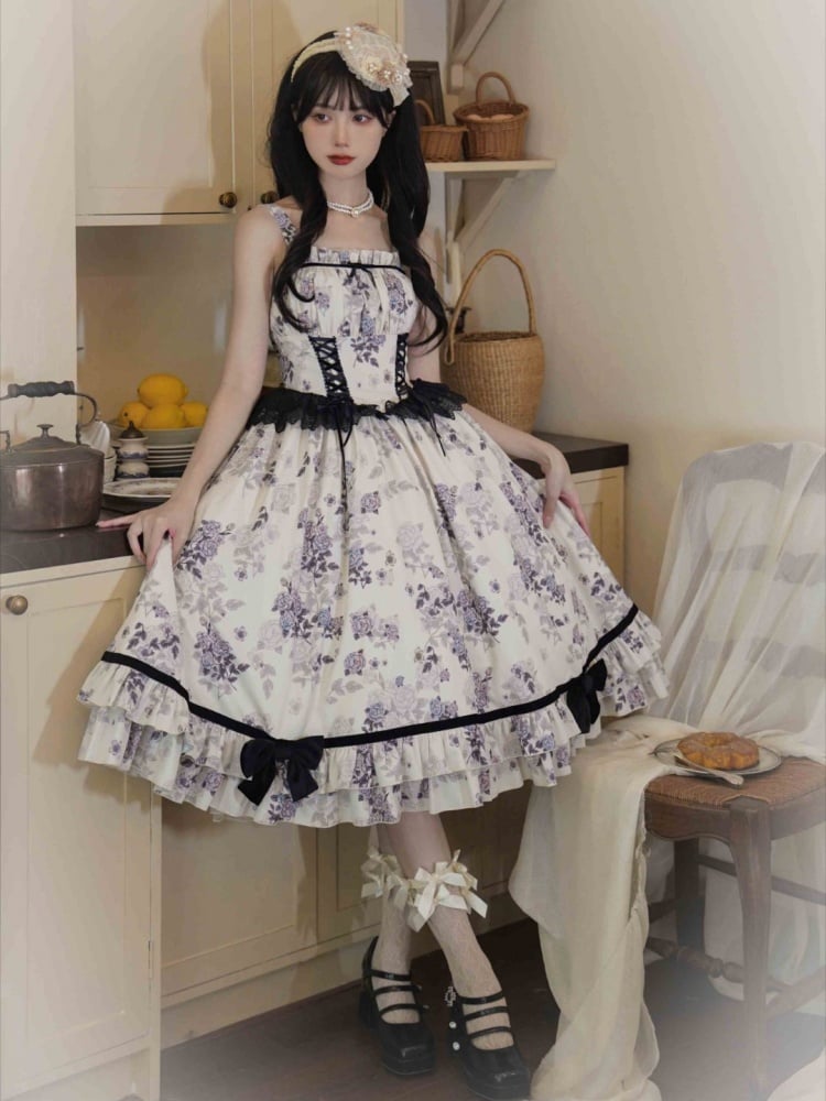 Elegant Rosette Print Beige and Black Basque Waist Jumper Skirt