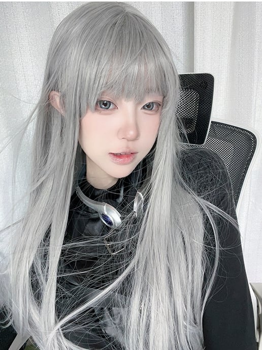 Gray Long Straight Synthetic Wig with Air Bangs