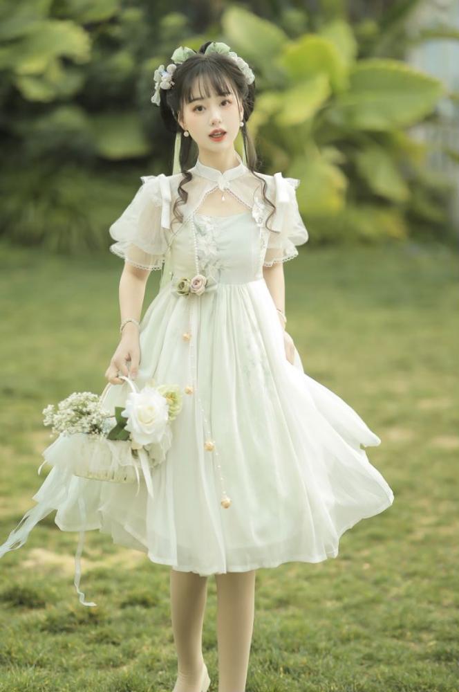 Green Lily of the Valley Embroidery Bead Details Dress