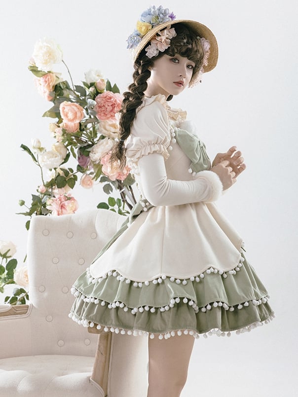 Pompoms Trimmed Tiered Hem Green and Beige Jumper Skirt